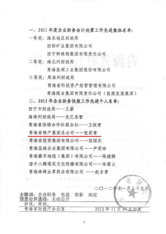 物產(chǎn)集團(tuán)榮獲2011年度財務(wù)決算先進(jìn)單位、2012年度財務(wù)快報工作先進(jìn)個人表彰